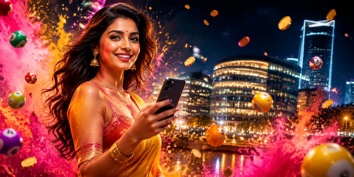 Celebratory scene for Indian lottery promotions during Holi festival